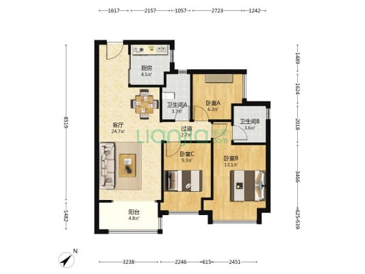 招商雍和府 3室1厅2卫 95平方