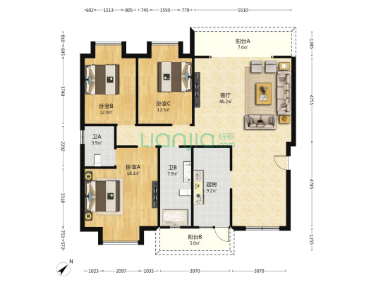创业花园 3室1厅2卫 142平方