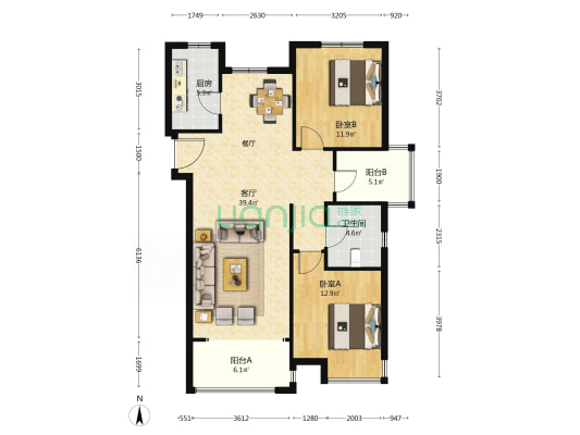 明珠湾 2室1厅1卫 117平方