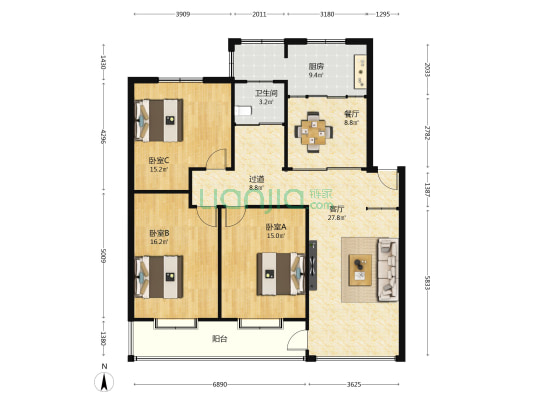 书院三村 3室2厅1卫 126平方