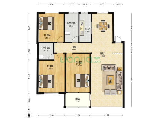 朝阳西路32号 3室1厅2卫 140平方