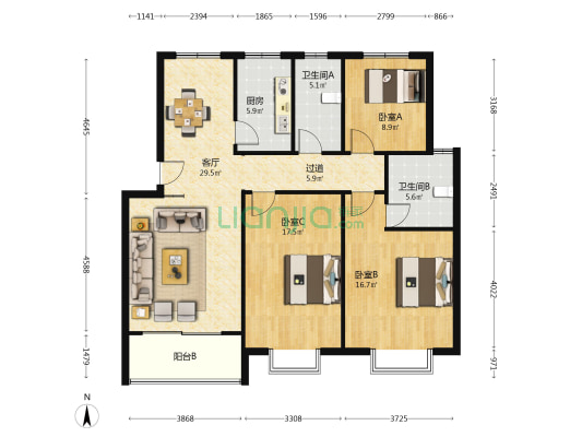 御景园二期 3室1厅2卫 121平方