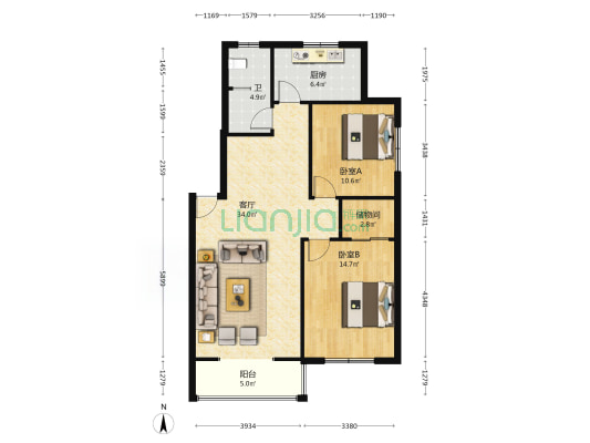 材料厂西街2号院 2室1厅1卫 92平方