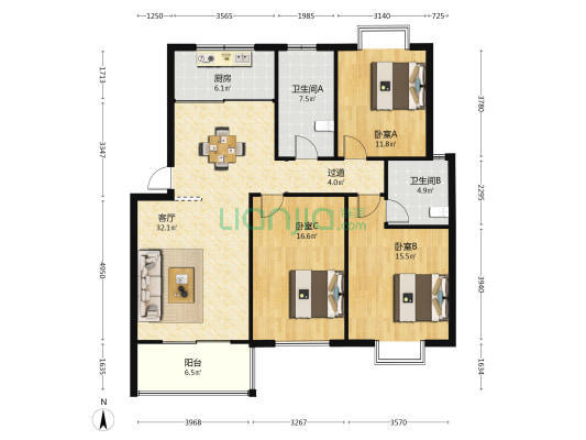 香山人家小区 3室1厅2卫 125平方