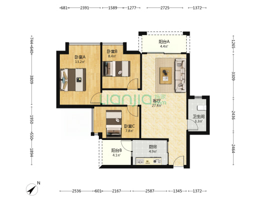 花畔里 3室1厅1卫 92平方