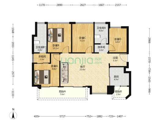 万丰海岸城瀚府一期 4室1厅3卫 119平方