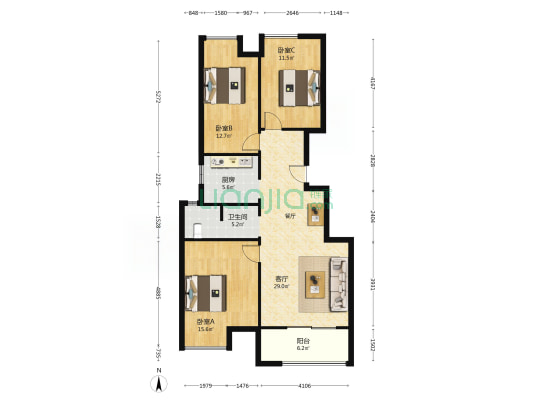 升龙天汇2号院 3室1厅1卫 105平方