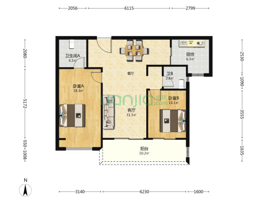 幸福里北苑 2室1厅2卫 110平方