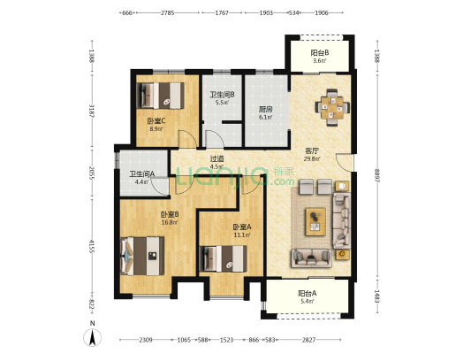 龙湖锦艺城高六组团 3室1厅2卫 130平方