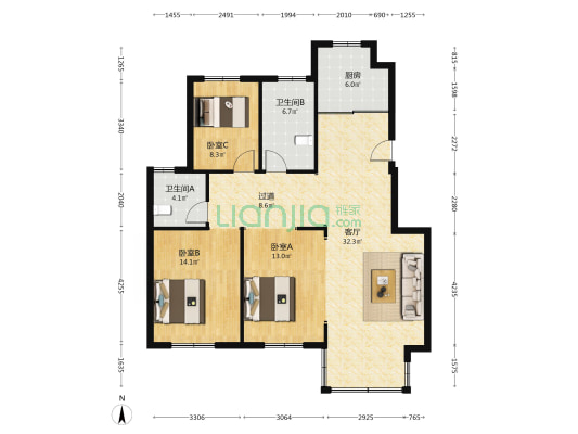 新民花苑 3室1厅2卫 125平方