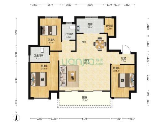 盛世城邦旭园 3室1厅2卫 126平方