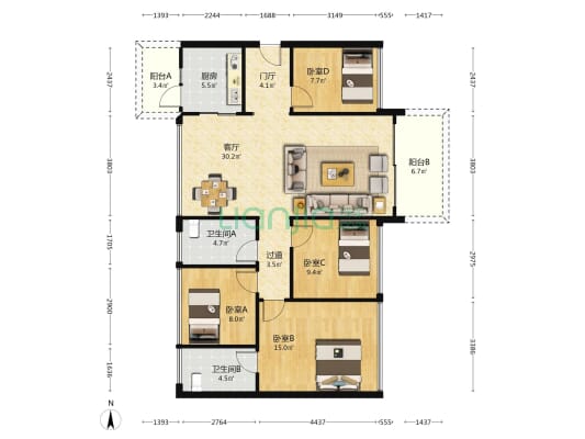 龙光玖龙台二期 4室1厅2卫 121平方