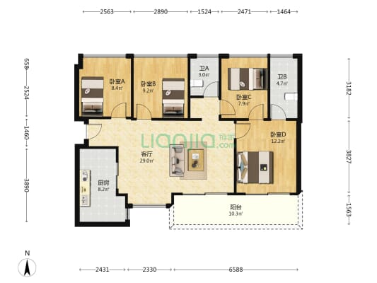鹏广达时代广场 4室1厅2卫 115平方