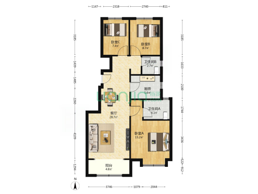 恒盛官港湖上 3室1厅2卫 103平方