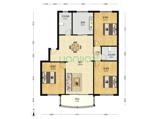 太阳公寓 3室1厅2卫 134平方