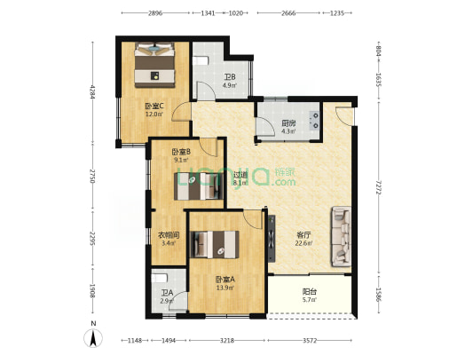 天诚大厦3期 3室1厅2卫 95平方