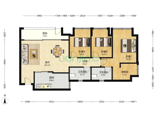 越秀悦映湖山悦澜 3室1厅2卫 99平方