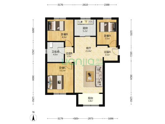 月汐苑 3室1厅1卫 103平方