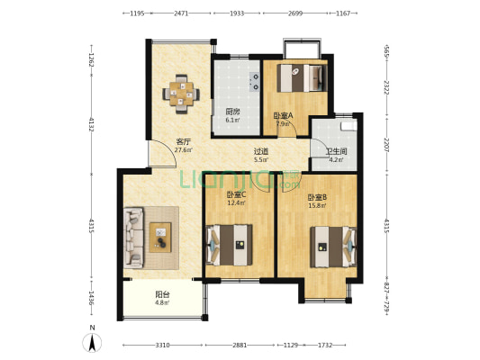 珠村华庭 3室1厅1卫 125平方