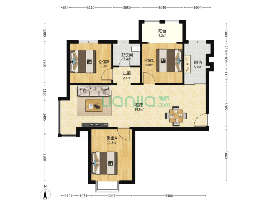 时代滨江 3室1厅1卫 108平方
