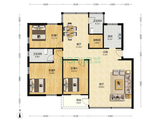 海侨街三巷 3室2厅2卫 132平方