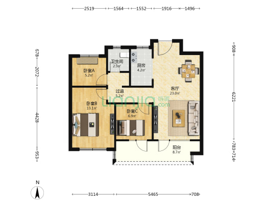 蔚蓝新观邸 3室1厅1卫 88平方