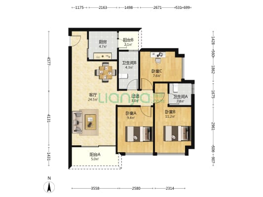 天韵府 3室1厅2卫 106平方