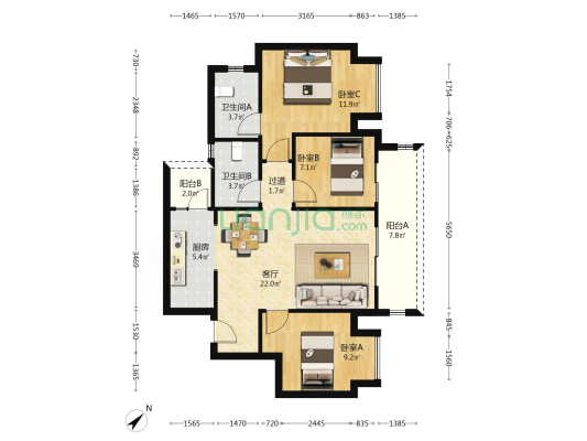 桥达天蓬樾府 3室1厅2卫 86平方