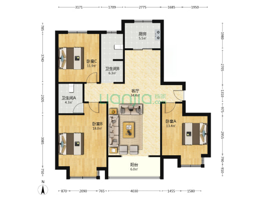 清华园中园 3室1厅2卫 136平方