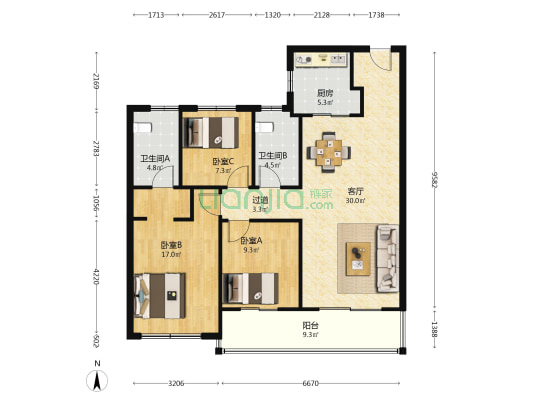 天鹅港华庭三区 3室1厅2卫 116平方