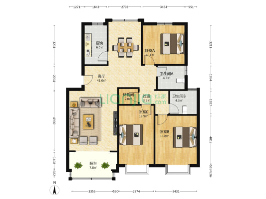 金桐花园 3室1厅2卫 129平方