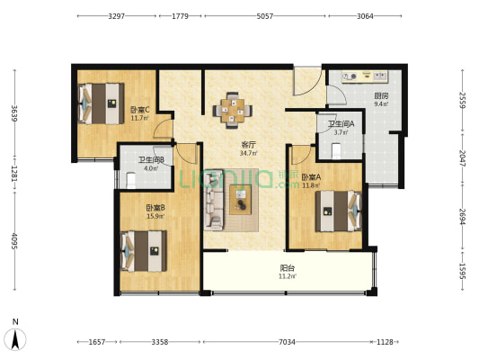 览月阁 3室1厅2卫 135平方