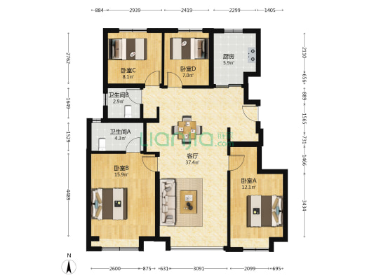 中海汇德里 4室1厅2卫 126平方
