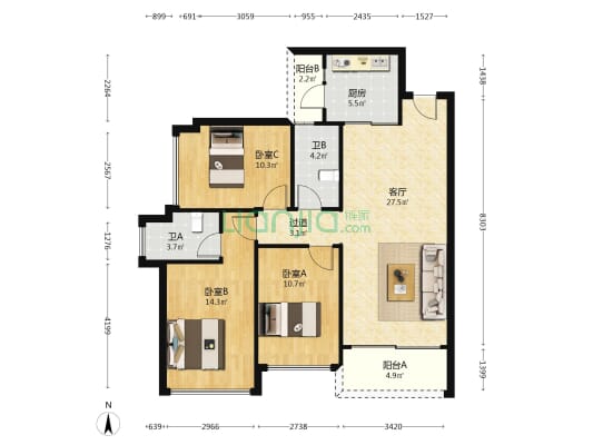 御景天峦府 3室1厅2卫 116平方
