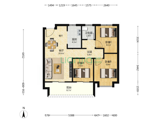 中铁卓越城 3室1厅1卫 89平方