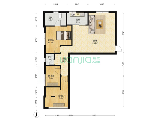 海二小区 3室1厅2卫 99平方