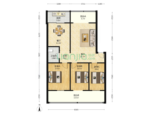西安市第八十五中家属院南区 3室2厅1卫 116平方