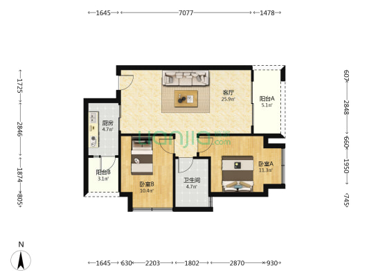 恒鑫名城四期 2室1厅1卫 77平方