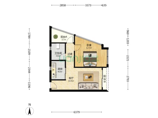 京基滨河时代广场北区 1室1厅1卫 62平方