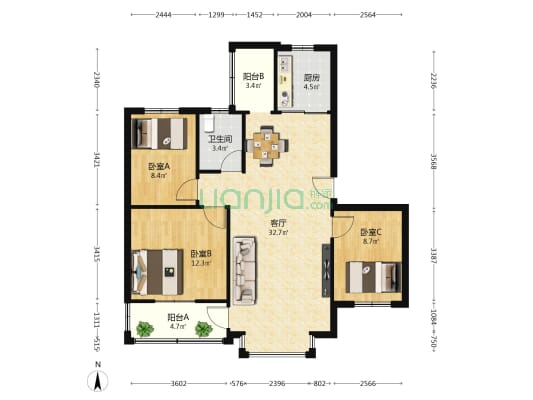 兰园大厦 3室1厅1卫 92平方