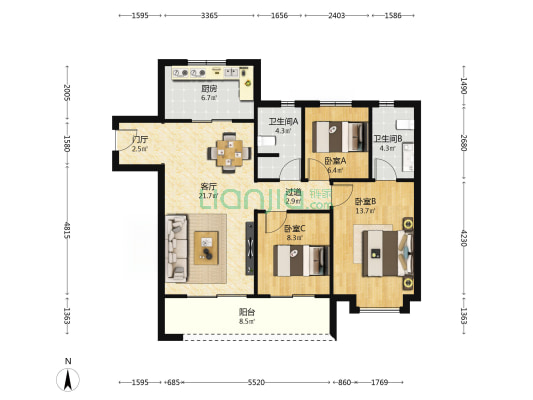 万科未来时光 3室1厅2卫 108平方