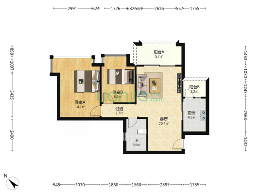 雍翠新城 2室1厅1卫 75平方