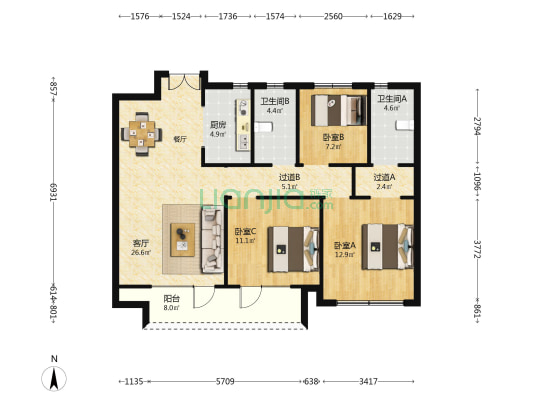 紫金华府 3室1厅2卫 113平方