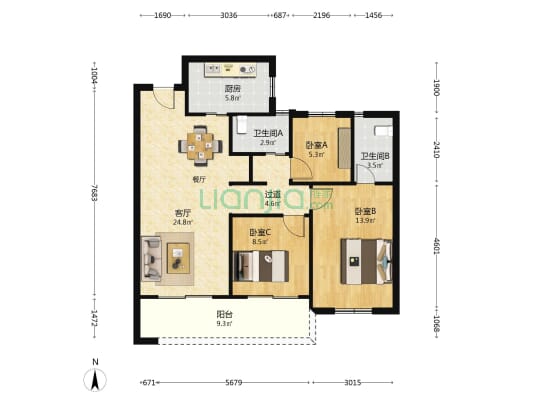 映霞璟庭 3室1厅2卫 101平方