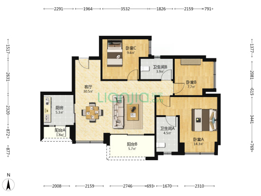 万科森林公园林晖 3室1厅2卫 99平方