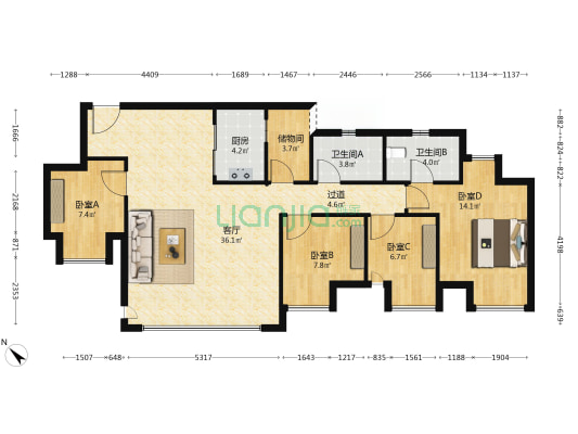 学樘金茂悦一期 4室1厅2卫 99平方