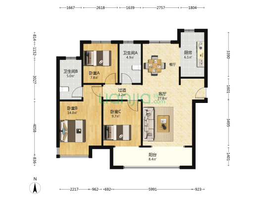 雅居乐宏府翰林山 3室1厅2卫 121平方