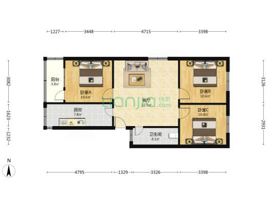 顺河路14号院 3室1厅1卫 81平方