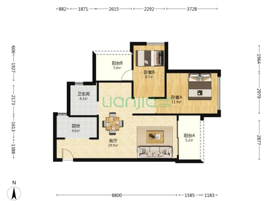 保利勤诚达誉都 2室1厅1卫 89平方