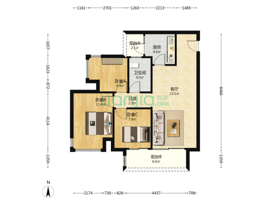 御华兰亭五期 3室1厅1卫 87平方